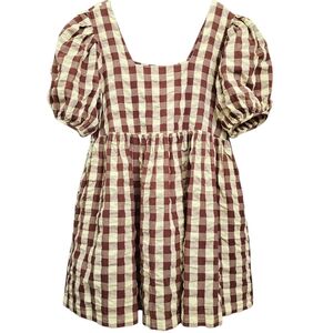 Nwot Collusion Yellow/Brown Checker Seersucker Puff Sleeve Squarneck Shift Dress